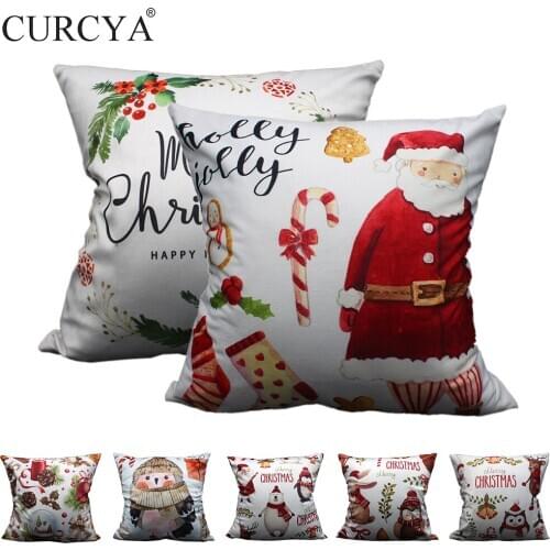 CURCYA Xmas Patterns Printed Velvet Cushion Covers Soft Polyester Santa Claus Gifts Throw Pillow Case Merry Christmas Decoration