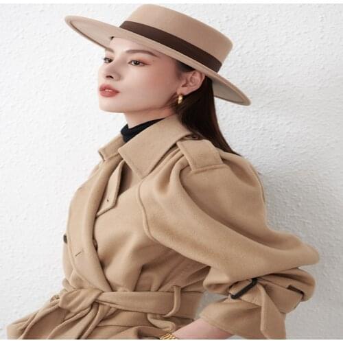 New winter female flat-top trilby hat wide-brim hats for women wool felt fedora England cap