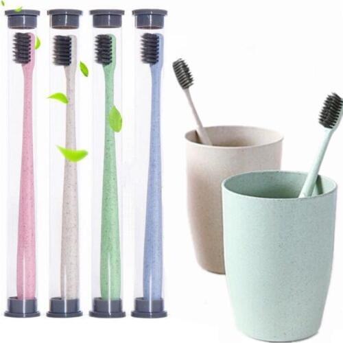 1pc Portable Travel Toothbrush Bamboo Charcoal Toothbrush Tongue Cleaner for Kids and Adults Wheat Straw Handle Soft