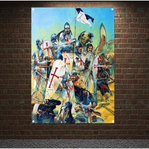 Knights Templar Art Banners Vintage Medieval Warrior Crusader Posters Wall Art Flags Mural Canvas Painting Home Decoration H0