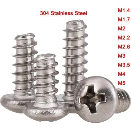 30-100Pcs 304 Stainless Steel Cross Phillips Round Pan Head Flat Tail Self-tapping Screws M1.4 M1.7 M2 M2.2 M2.6 M3 M3.5 M4 M5
