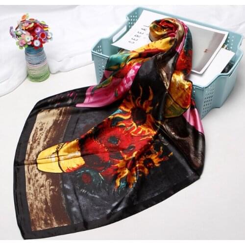 90*90cm Silk painting Scarves Women Foulard Square Head Hijab Scarf Ladies Satiny Shawl wrap muffler pareo female hijab poncho