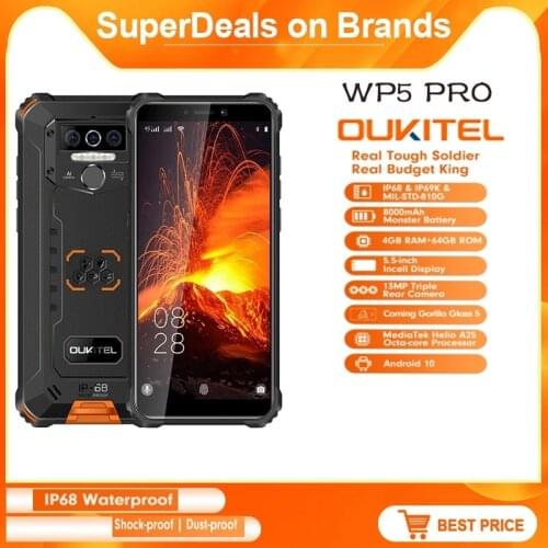 OUKITEL WP5 Pro Rugged Smartphone 4GB 64GB 8000mAh 5.5"HD+ Octa Core Android10 13MP Rear Camera IP68 Waterproof Smartphone