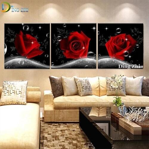 Triptych Modern Art Deco Diamond Painting Red Rose Picture 5D Diy Full Square Round Drill Mosaic Embroidery Cross Stitch Gift