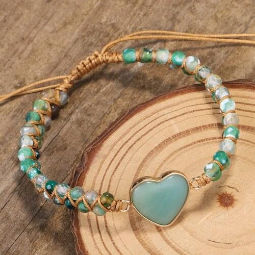 Vintage Heart Shape Green Stone Beads Bracelet Homme Jewelry For Women Men Femme Weave Bracelet Friendship Pulsera Gift