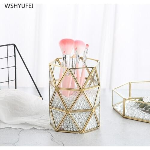WSHYUFEI Golden storage tube cosmetic storage bucket jewelry decoration pen holder makeup brush storage box home office supplies
