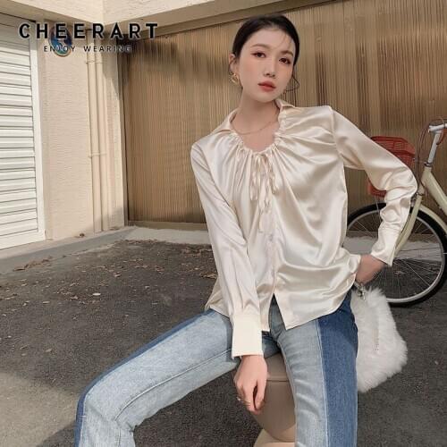 CHEERART Champagne Satin Blouse Ruched Drawstring Button Up Long Sleeve Ladies Top Korean Spring 2021 Fashion Women