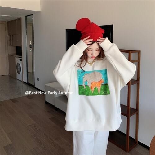Women Autumn Loose Leisure Sweatshirt Shool Style Oversized Full Sleeve Hoodies Elephant Panting Casual Pullover Tops