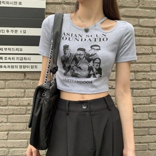 Women Print Hollow Out Casual T-Shirt Summer Ladies Short Sleeve Exposed Navel Slim Pullover Short Tops