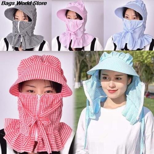 Women Anti-UV Function Summer Hat Lady Striped Wide Brim Visor Cap Female Neck Protect Riding Hunting Hat Multi Sun Hat