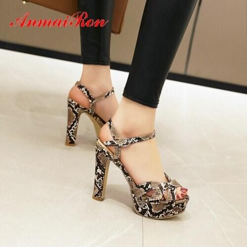 ANMAIRON 2020 PU Buckle Strap Casual Serpentine Women Sandals Animal Prints Platform Sandals Square Heel Summer Women Shoes