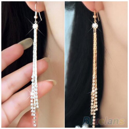 Women Bead Rhinestone Party Wedding Drop Chain Tassels Hook Linear Earrings 1SZN