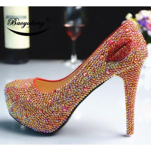 2019 Womens wedding shoes red mouth AB Crystal Shoe woman Ladies Party dress shoes Bride bridesmaids wedding shoes