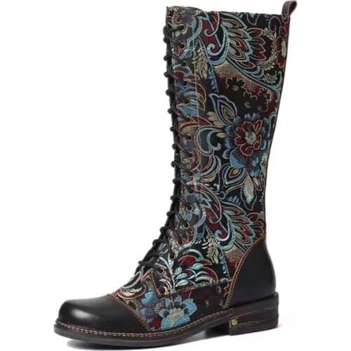 Ethnic Style Retro High-tube Womens Boots Embroidery Cowboy Boots for Women Autumn Westerm Boots Ladies Shoes Botas Mujer 2021