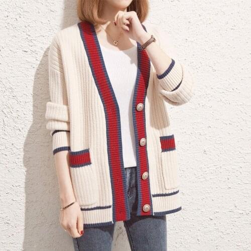Womens Spring And Autumn Knitted Cardigan Korean Style Fashion Long Sleeve Sweater Jacket Outwear