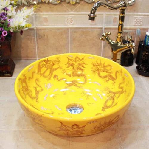 Gold Round Shape Europe Vintage Style Art wash basin Ceramic Counter Top Wash Basin Bathroom Sinks wash basin bowl
