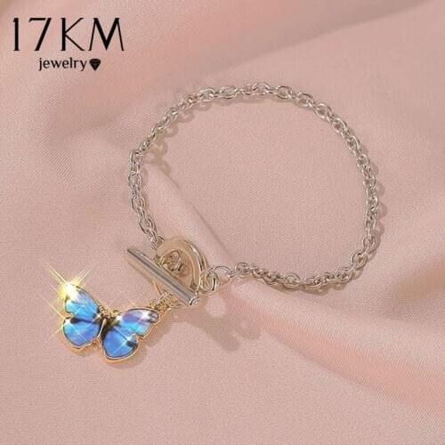 17KM Korean Butterfly Crystal Chain Bracelet For Women Girls Gold Silver Color Rhinestone Lock Bangles Bracelets Jewelry Gift