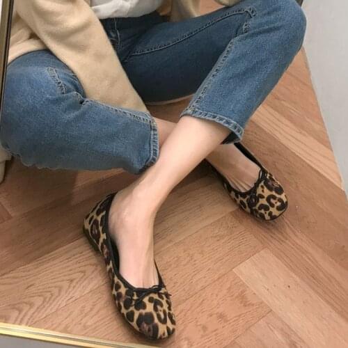 New apricot/brown leopard print ballet flats women bow-tied shallow slip on mules creepers casual single shoes moccasins female