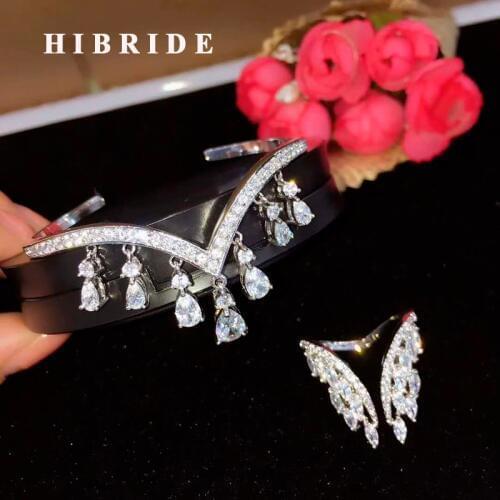 HIBRIDE Brilliant Water Drop CZ Bangle For Women Jewelry Set Trendy Open Cuff Bangle Adjustable Rings Party Jewelry N-633