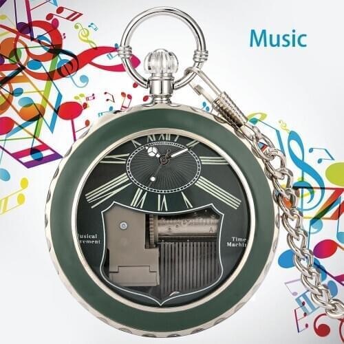 Men Hand-Crank Music Pocket Watch Luminous Green Surface Roman Numerals Dial Lady Flip Pocket Watch Wonderful Music Pendant Gift