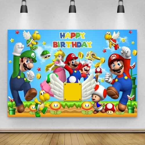 Super Marios Bros Photography Backdrop Kids Birthday Party Decor Cartoon Background Blue Game Vinyl Photo Banner Props