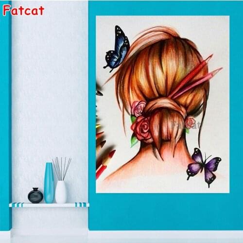 5d Full Square Diamond Diamond Painting Pretty girl with hair and butterflies Diamond Embroidery Cross stitch Rhinestones PP2343