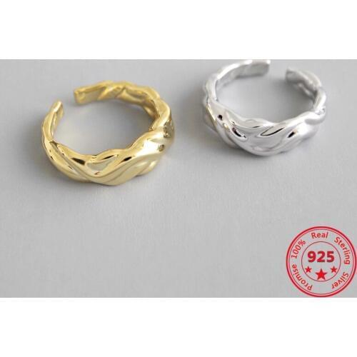 Korean Pure S925 Sterling Silver Fine Rings Simple Irregular Concave Surface Wave Pattern Rings Opening Adjustable Women Jewelry