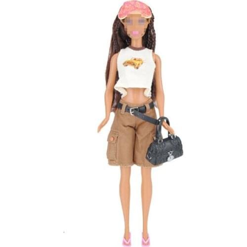 11.5" Fashion White Shirt & Brown Shorts & Shoes & Handbag & Belt Outfits Set For Barbie Dolls Clothes Toys 1/6 BJD Accessories