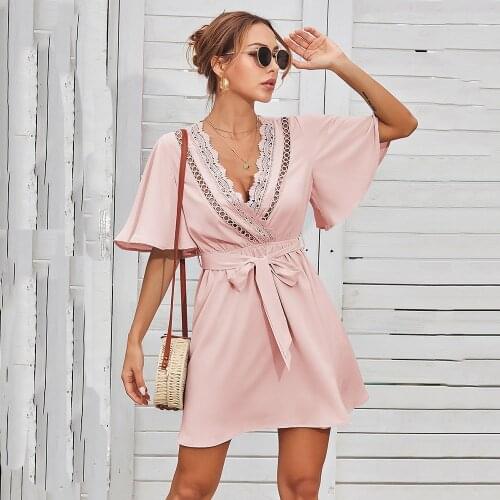 Summer For Womens Sexy Deep V Neck Dresses Fashion Lace Lace Women Flare Short Dress 2021 Casual Ladies Nightclub Mini Skirt