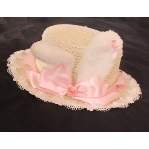 Sweet Lolita Girl Handmade Straw Hat Rabbit Ears Flat Hat Casual Sun Hat Bows Trim Elegant Girl Cute