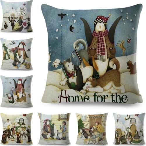 Cartoon Penguin Cushion Cover Decor Merry Christmas Cute Dog Pillow Case Polyester Pillowcase for Sofa Home Children Room