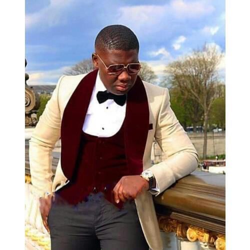 Mens wedding suits Beige Groom Tuxedos Wedding tuxedos Groomsmen Suit Business men work waer suits blazer Jacket+Pants+Tie