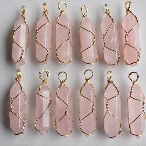 Wholesale 12pcs/lot natural pink quartz pillar shape point handmade iron wire pendants for jewelry making free shipping