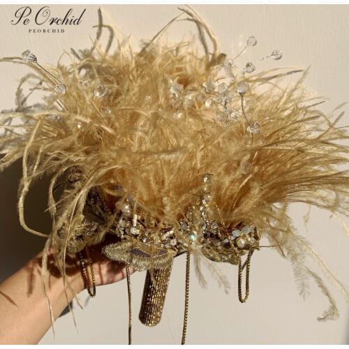 PEORCHID Champagne Gold Wedding Bouquet Broach Luxury Feather Crown Bouquet Customize Pink Blue Handmade flower Bridal Bouquet