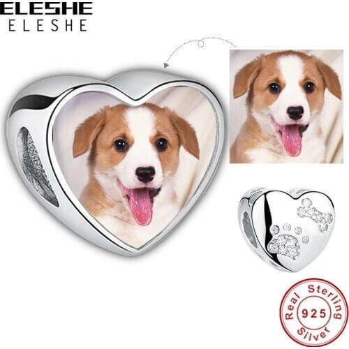 Authentic 925 Sterling Silver Charm Pet Paw Print Heart Custom Photo Charms Beads Fit Bracelet Personalized DIY Jewelry