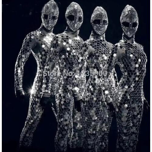 Full Mirror Alien Mask Jumpsuit Drag Queen Costumes Womens Celebrity Outfit Stage Dance Wear Costumes For Singers Fashion Show