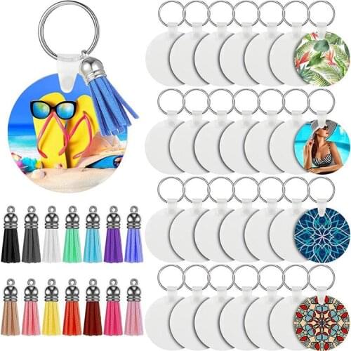 28/30/36pcs Sublimation Blank Keychain with tassel Transparent MDF Car Keychain Blank Leather Tassel Pendant Jump Rings for DIY