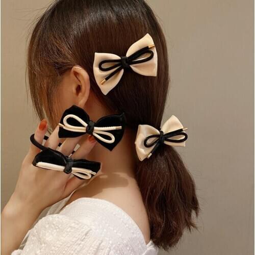 Retro black and white classic temperament elegant hairpin metal leather bow duckbill clip hair ring hair rope