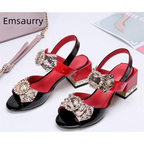 Jeweled Serpentine Butterfly-knot Sandals Women Square Heel Open Toes Crystal High Heels Rhinestone Summer Shoes Woman