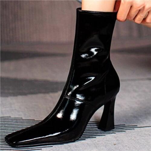 Sexy Party Pumps Womens Cow Leather Ankle Boots Square Toe Slim High Heels Elegang Shoes Punk Goth 34 35 36 37 38 39 40