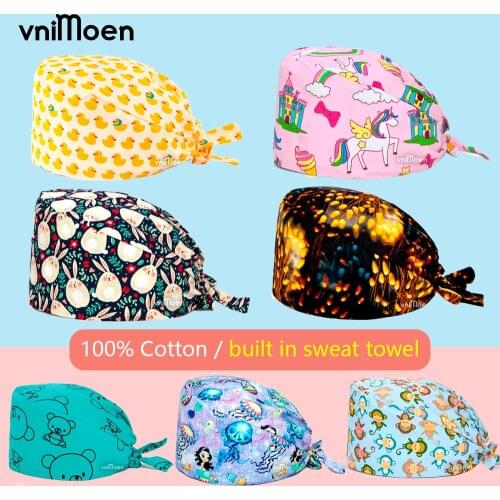 Vnimoen Cute little duck Pet Pattern Scrub Cap Work Hat Women Men 100% Cotton Tie Back Inner Forehead Sweatband Scrubs Print Cap