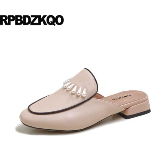 Nude Bridal Thick Slippers Bridesmaid Pearl Beige Sandals Slides Women Shoes 2021 Spring Beaded Mules Flat Embellished Wedding