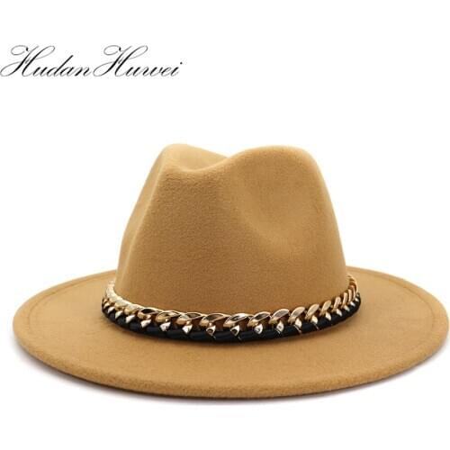 2020 Trendy Imitation Wool Felt Fedora Hats with Metal Chain Vintage Large Brim Jazz Trilby Hat Women Ladies Party Dresses Hat