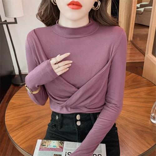 Women Long Sleeve Udershirt Spring Autumn Pullover T Shirt Korean Style High Stretch Criss-cross Front Designer Tee Shirt Femme