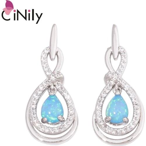 CiNily Created Blue & White Fire Opal Zircon Silver Plated Wholesale for Women Jewelry Engagement Dangle Earrings 1'' OH4557-58