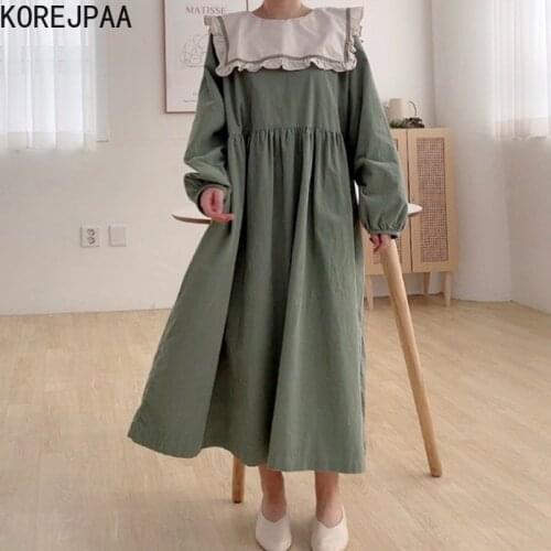 Korejpaa Women Dress 2021 Korean Fashion Early Autumn Color Matching Navy Collar Stitching Loose Long Sleeves Big Swing Vestidos