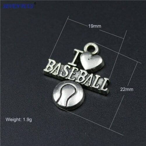 High Quality 50 Pieces/Lot 19mm*22mm Antique Silver Plated Letter I love Baseball Sport Baseball Charms
