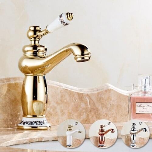 Antique Kitchen Faucets Brass Chrome Polished Rose Gold Basin Faucet Ceramic Single Handle Single Hole Sink Mixer Taps Hot Cold