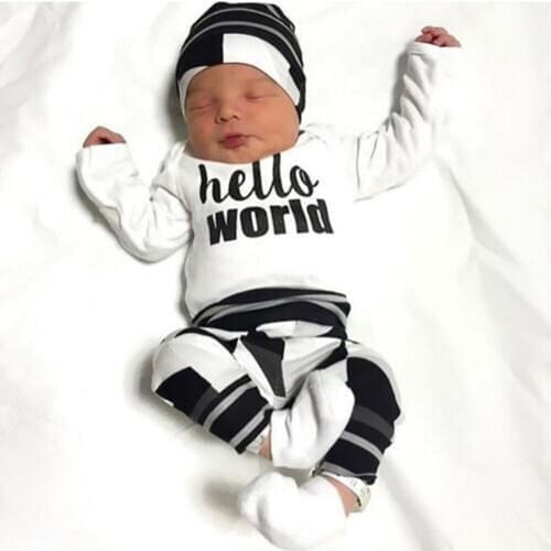 Newborn Cute Hello World Baby Boys Girls Clothing 3Pcs Set Infant Cotton Long Sleeve Romper+Pants+Hat Toddler Clothes Outfits