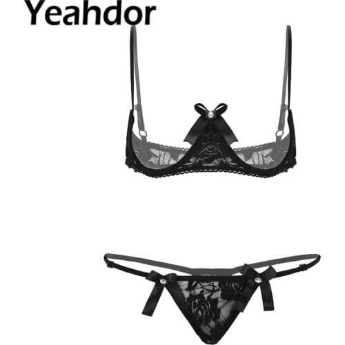 Womens Sheer Lace Lingerie Set See Through Erotic Underwear Bare Exposed Breasts Underwired Bra with Low Rise G-string Briefs